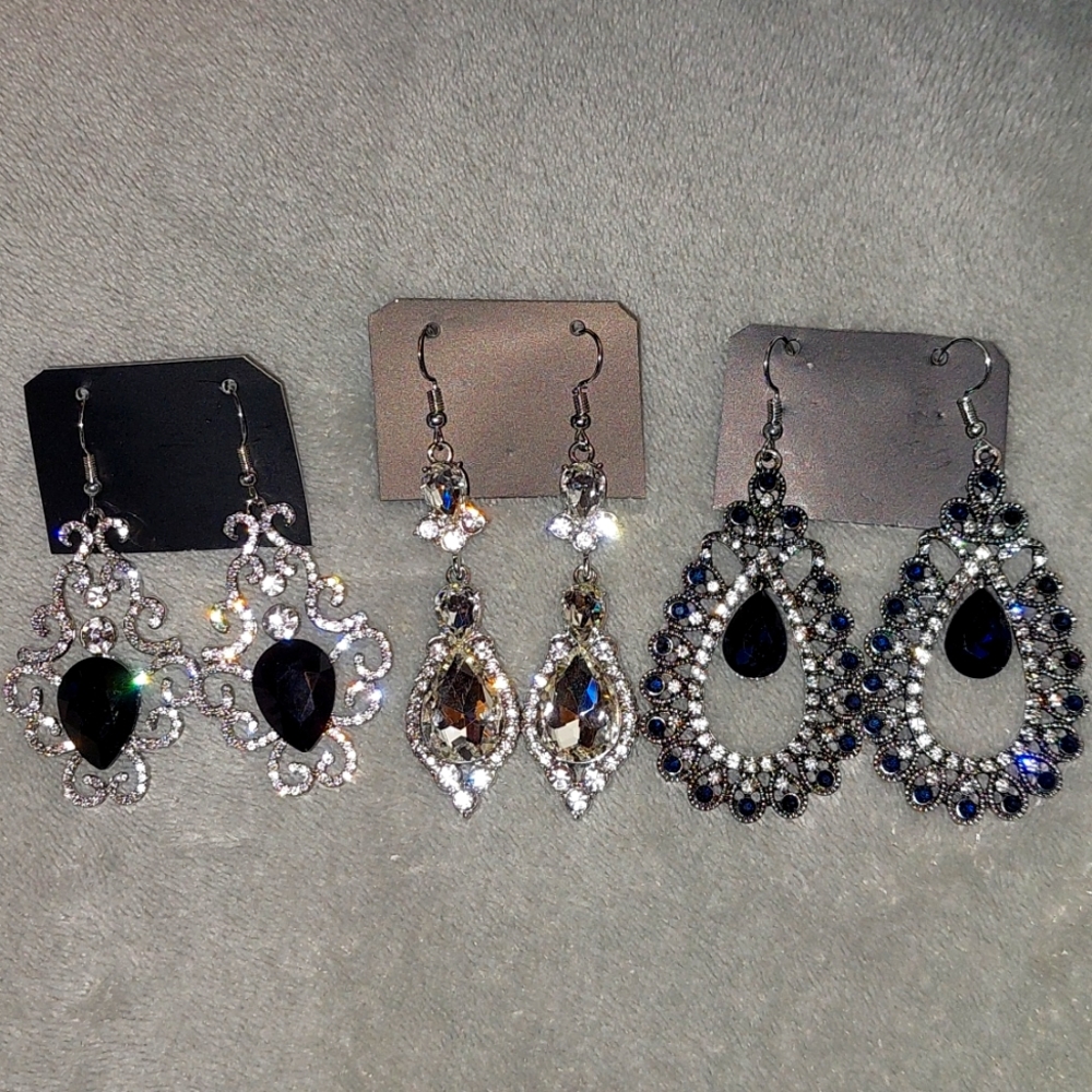 White Rhinestones Earrings Set of 3